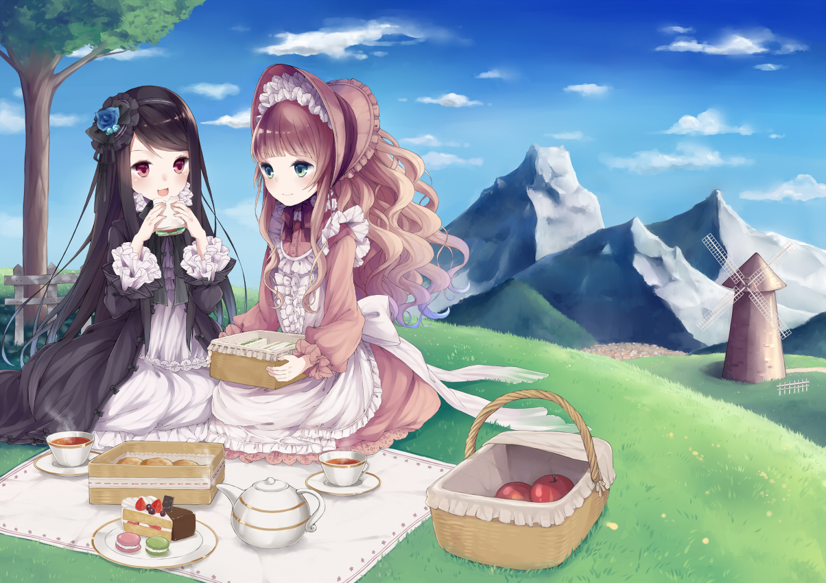 2girls, aquarium_tama, black_hair, brown_hair, cake, clouds, dress, drink