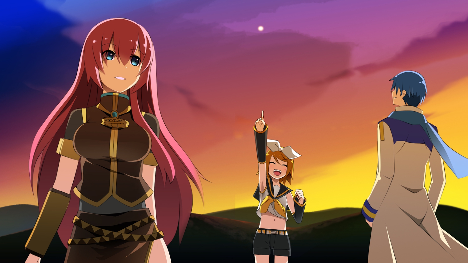 kagamine_rin, kaito, male, megurine_luka, sunset, vocaloid, yakitori-oni