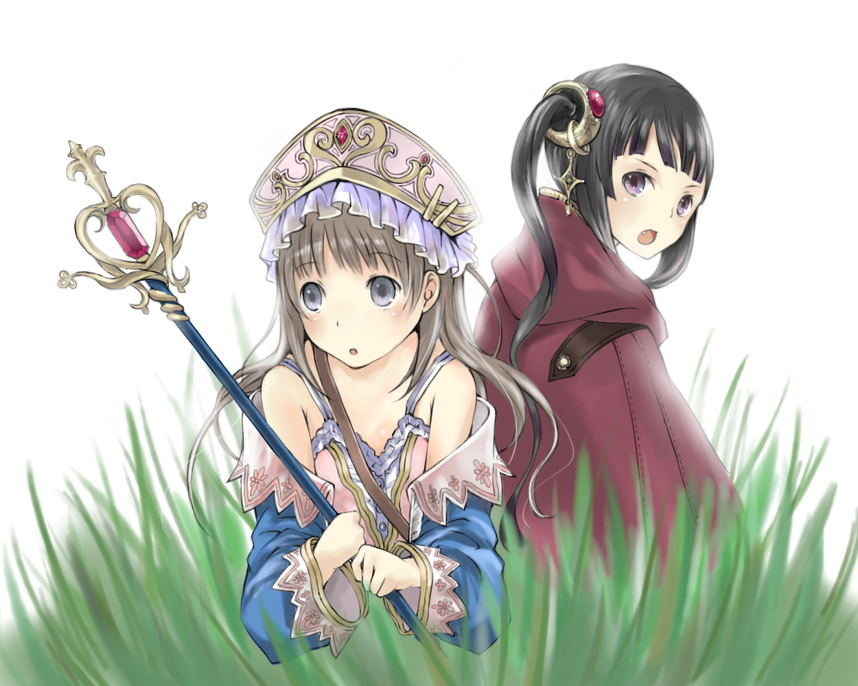 aquarium_tama, atelier_totori, black_hair, brown_hair, grass, gray_eyes, hat, mimi_houllier_von_schwarzlang