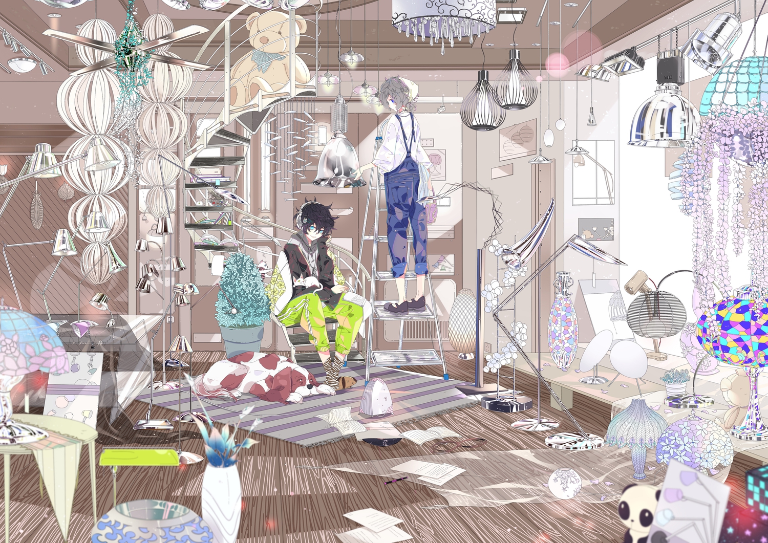 all_male, animal, black_hair, blue_eyes, dog, flowers, gray_hair, headphones