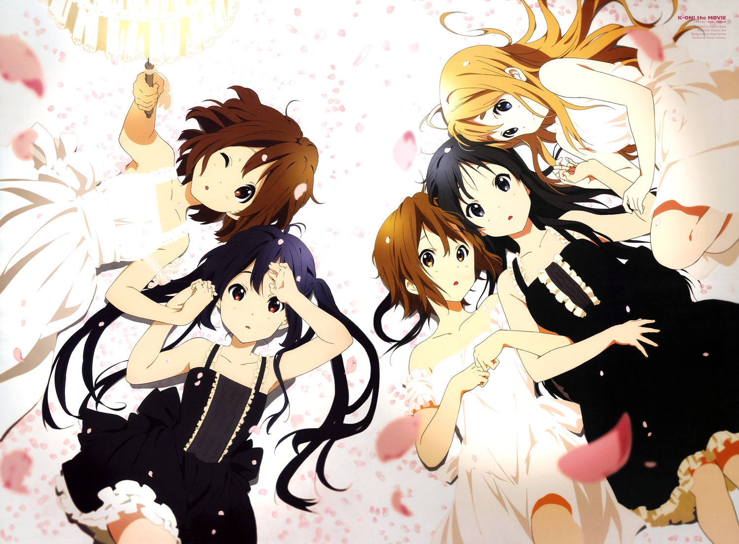 akiyama_mio, dress, hirasawa_yui, horiguchi_yukiko, k-on!, kotobuki_tsumugi, nakano_azusa, petals