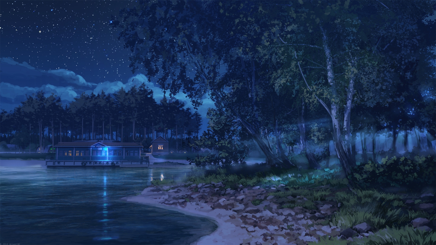 arsenixc, everlasting_summer, landscape, night, no_humans, scenic, stars, tree, water