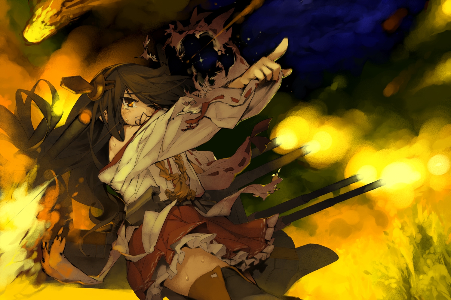 anthropomorphism, black_hair, fire, haruna_(kancolle), headband, itsukia, japanese_clothes, kantai_collection, long_hair, miko, skirt, tears, torn_clothes, wink, yellow_eyes