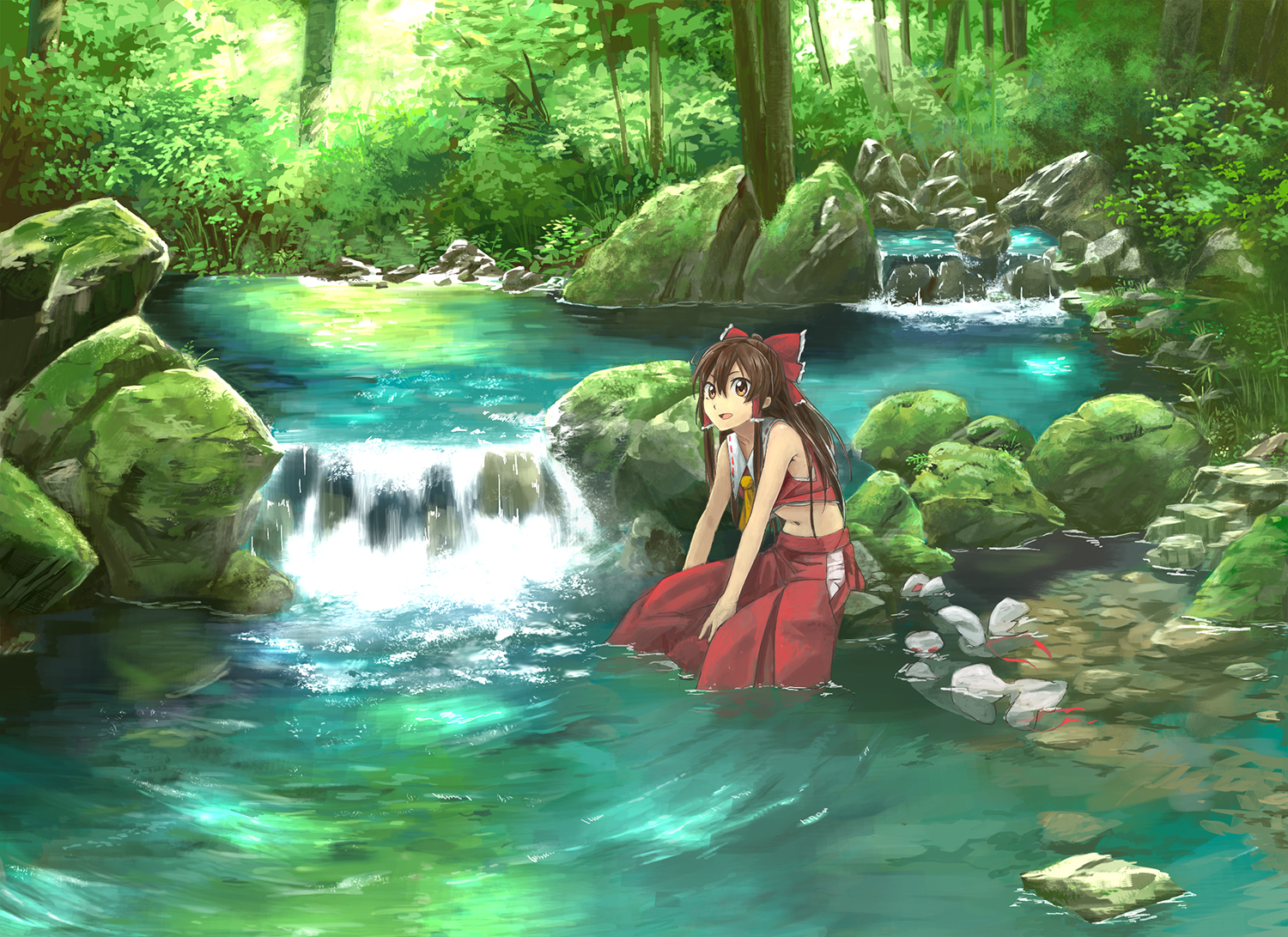 bow, brown_hair, forest, hakurei_reimu, japanese_clothes, kinoto_(ruindivinity), landscape, long_hair, miko, navel, scenic, touhou, tree, water, waterfall