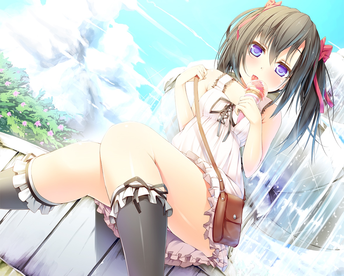 black_hair, blue_eyes, clouds, dress, flowers, food, ice_cream, kneehighs