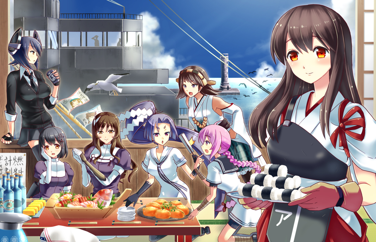 akagi_(kancolle), animal, anthropomorphism, ashigara_(kancolle), bird, black_hair, blue_hair, braids, brown_eyes, brown_hair, clouds, drink, elbow_gloves, food, gloves, group, haguro_(kancolle), hatsuharu_(kancolle), headband, hiei_(kancolle), japanese_clothes, kantai_collection, lighthouse, long_hair, miko, nenohi_(kancolle), noma_taoru, pink_hair, ponytail, purple_hair, red_eyes, ribbons, school_uniform, short_hair, skirt, sky, tenryuu_(kancolle), tie, water
