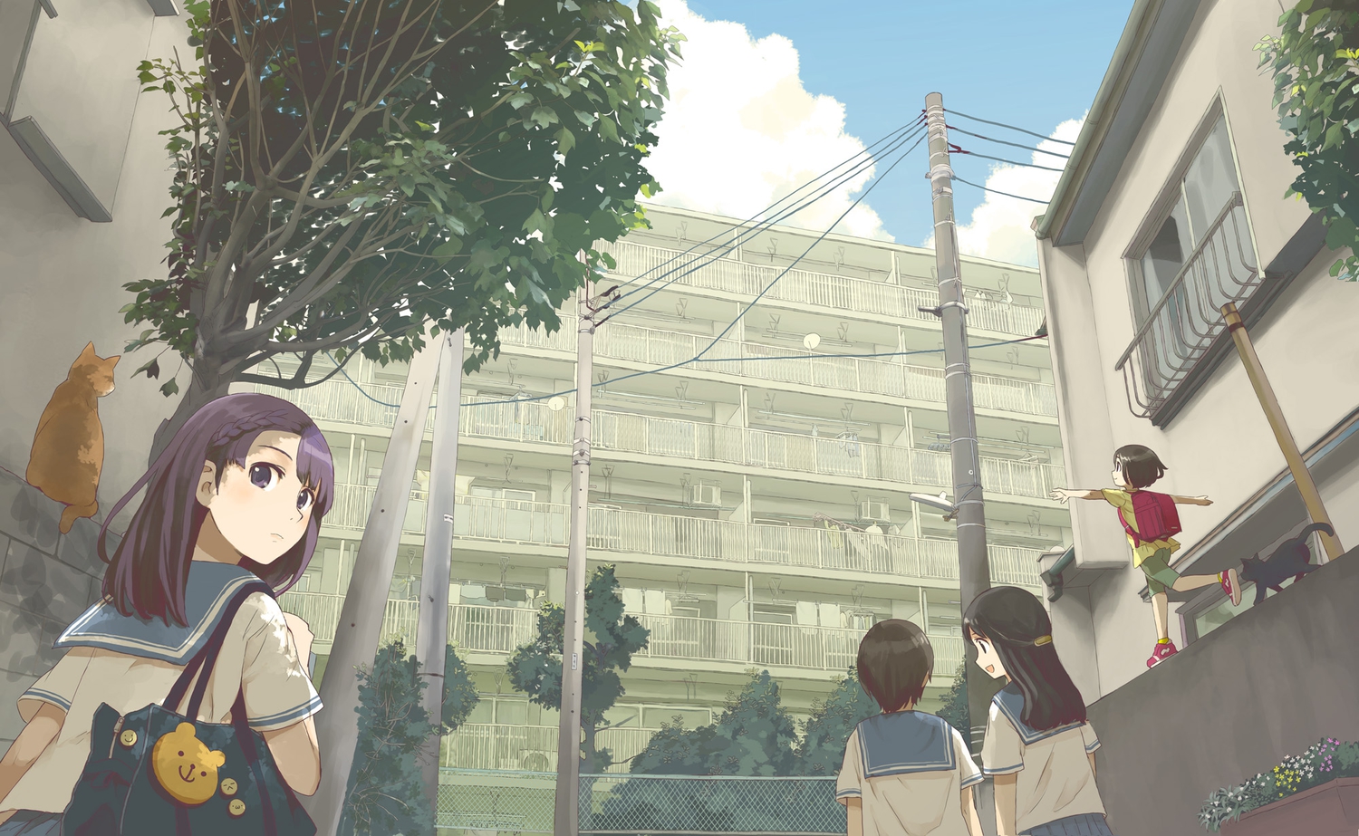 animal, black_hair, brown_hair, building, cat, city, clouds, flowers