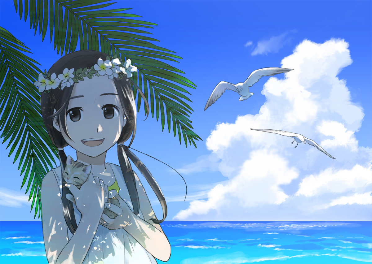 animal, bird, brown_eyes, brown_hair, cat, clouds, flowers, jpeg_artifacts