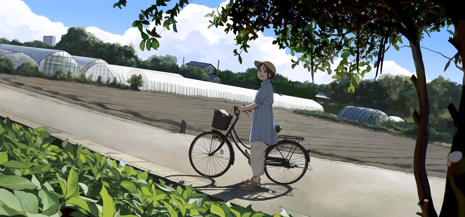 bicycle, brown_eyes, brown_hair, clouds, hat, jpeg_artifacts, landscape, morifumi