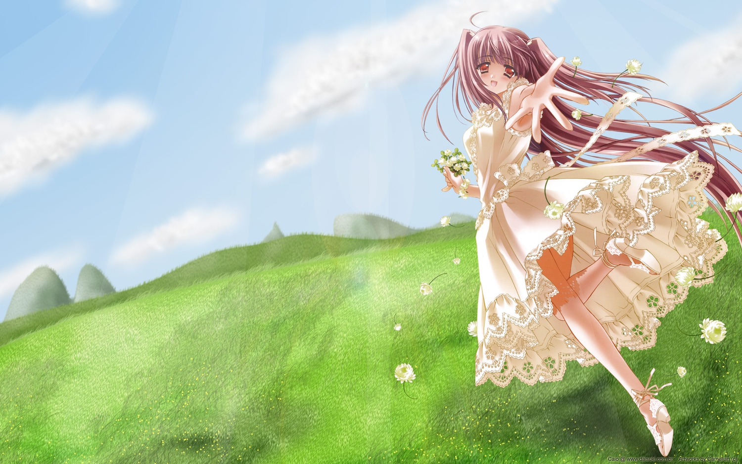 blush, brown_eyes, brown_hair, carnelian, clouds, dress, flowers, grass, landscape, long_hair, quilt, ribbons, scenic, sky