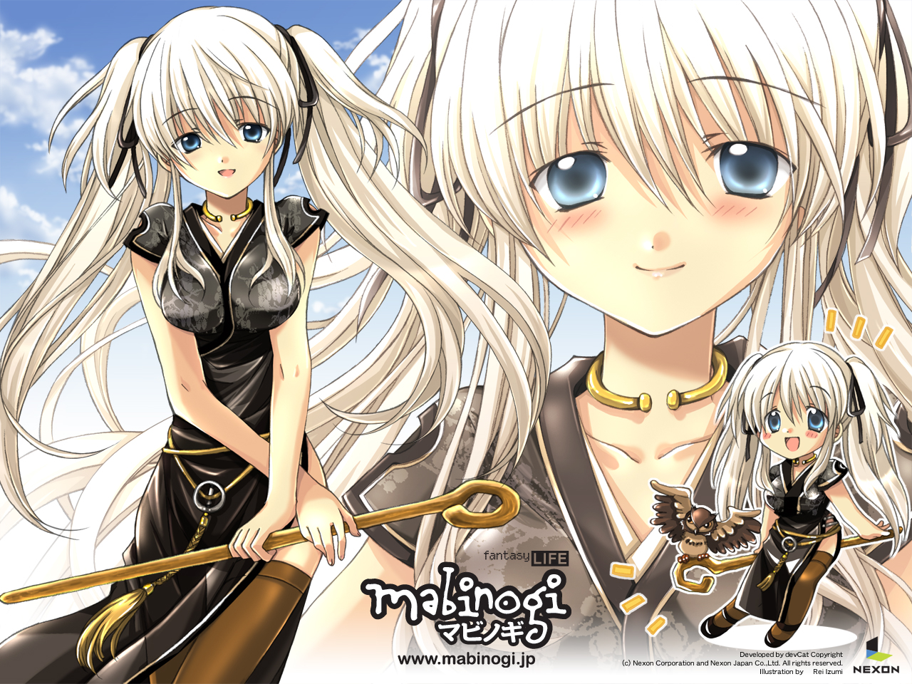 animal, bird, blue_eyes, chinese_clothes, chinese_dress, choker, dress, izumi_rei, long_hair, mabinogi, nao, staff, thighhighs, twintails, white_hair