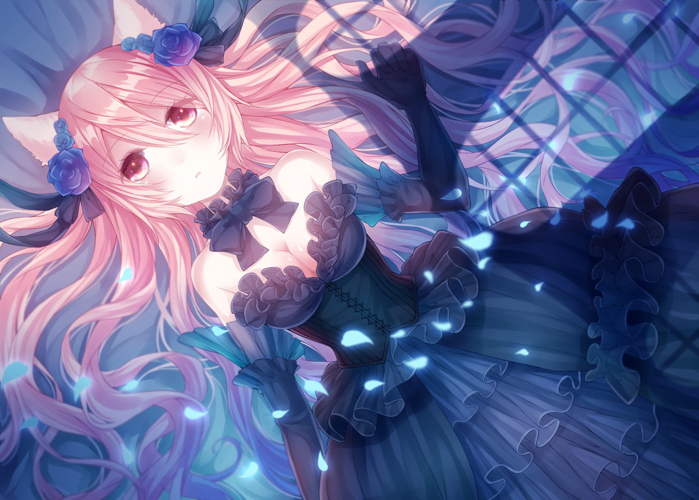 animal_ears, aquarium_tama, bow, breasts, cleavage, dress, elbow_gloves, gloves, long_hair, original, petals, pink_eyes, pink_hair, ribbons
