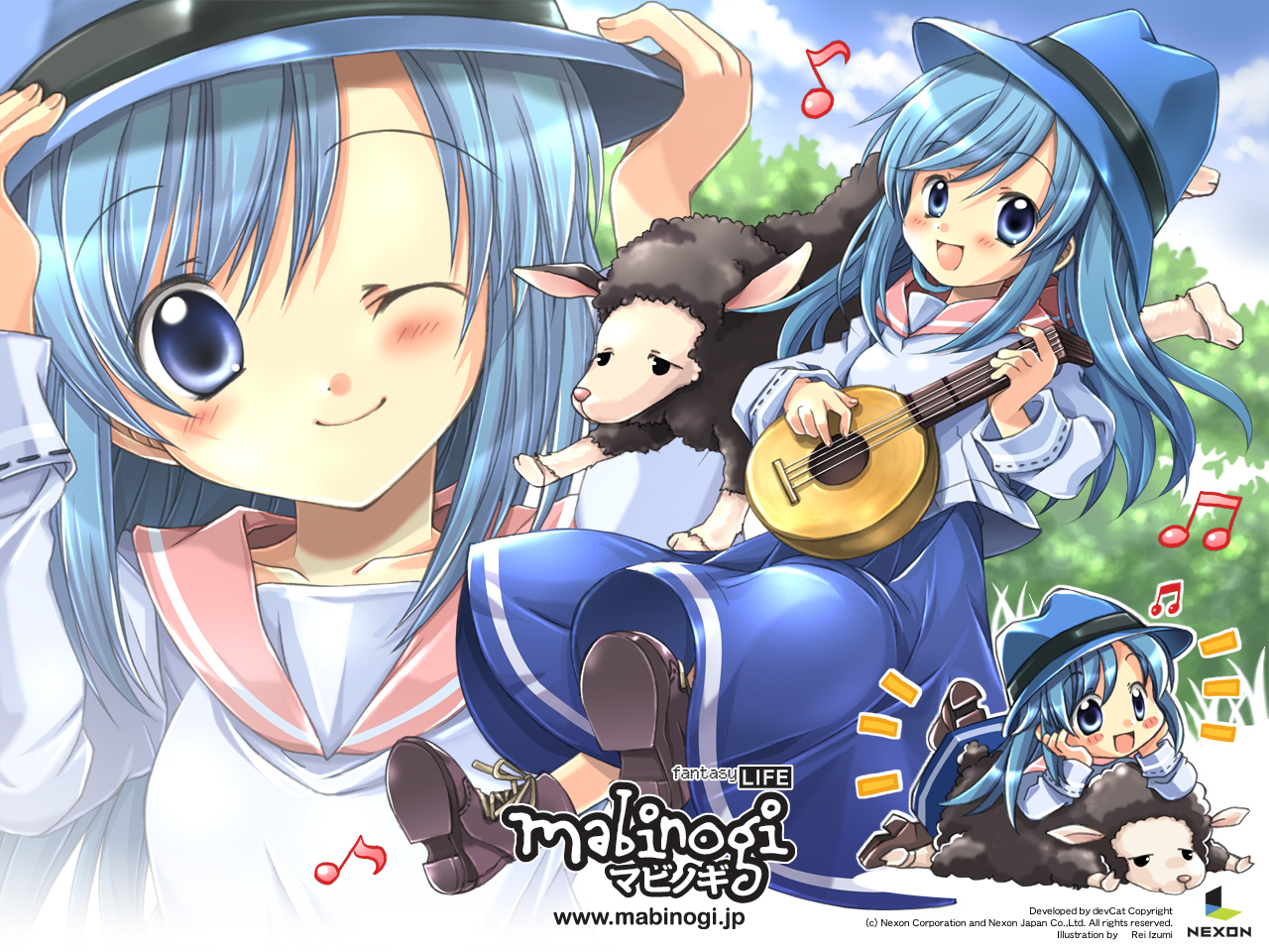 animal, blue_eyes, blue_hair, hat, izumi_rei, long_hair, lorna, mabinogi