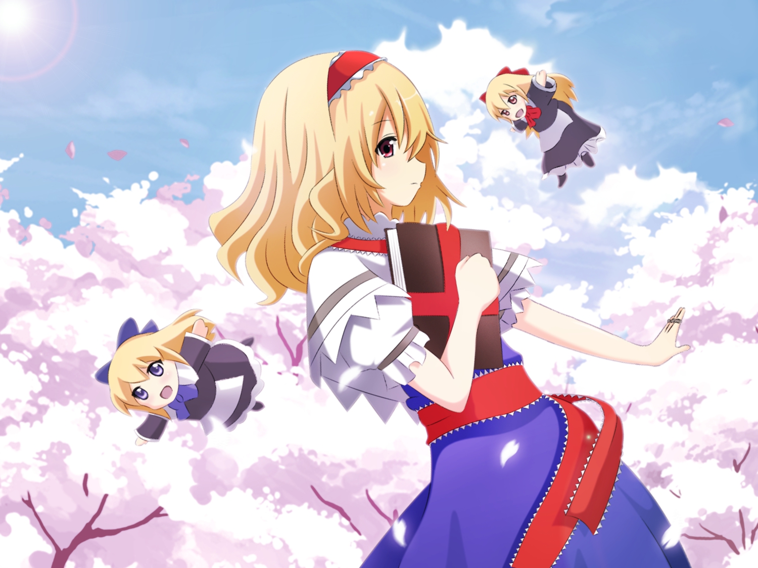 alice_margatroid, blonde_hair, blue_eyes, book, brown_eyes, cherry_blossoms, clouds, doll