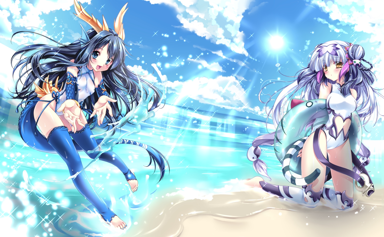 2girls, animal_ears, barefoot, beach, blue_eyes, blue_hair, blush, clouds