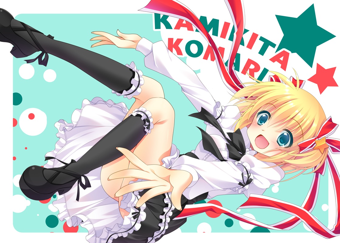 blonde_hair, green_eyes, kamikita_komari, kneehighs, little_busters!, nakada_rumi, ribbons, short_hair