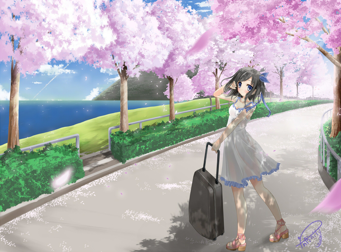 black_hair, blue_eyes, cherry_blossoms, clouds, dress, flowers, ifnil, original