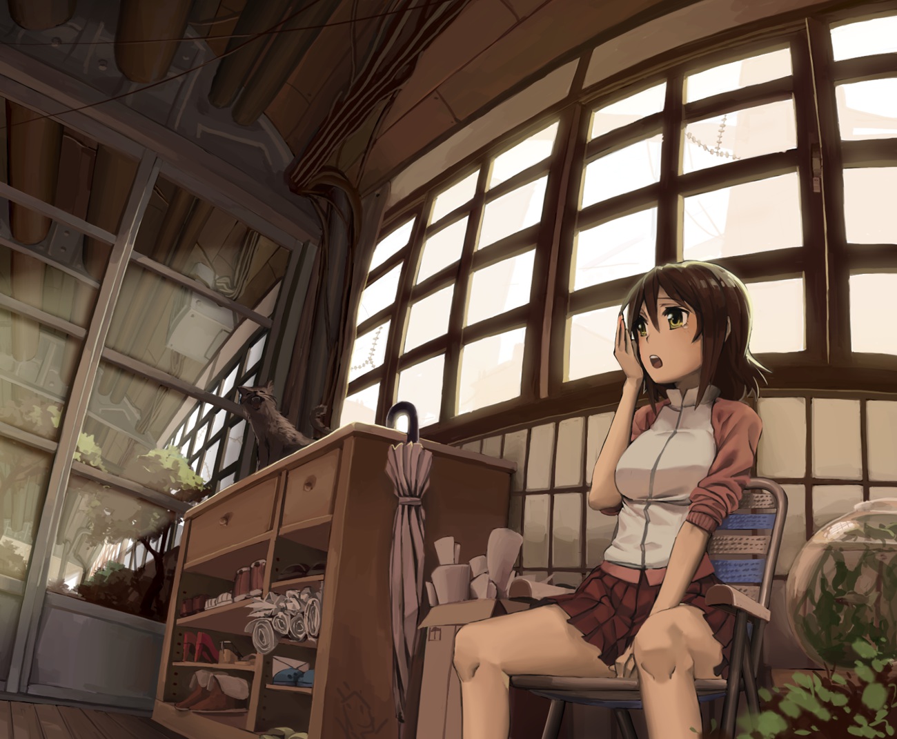 animal, brown_hair, cat, fish, original, rai32019, short_hair, skirt