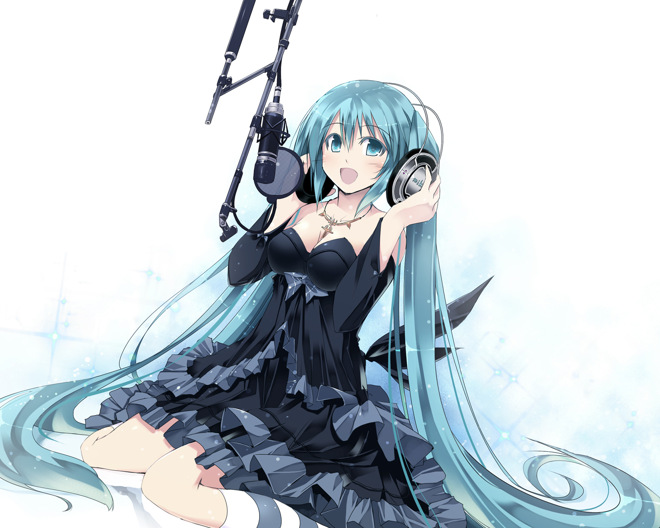 blue_eyes, blue_hair, bow, dress, hatsune_miku, headphones, kneehighs, long_hair, microphone, necklace, satomi, twintails, vocaloid