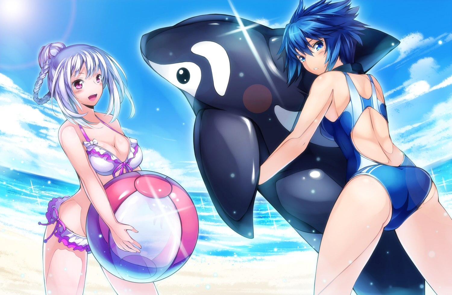 2girls, ass, ball, beach, bikini, blue_eyes, blue_hair, breasts, choker, cleavage, clouds, decchi_oyabun, original, pink_hair, purple_eyes, ribbons, short_hair, sky, swimsuit, water