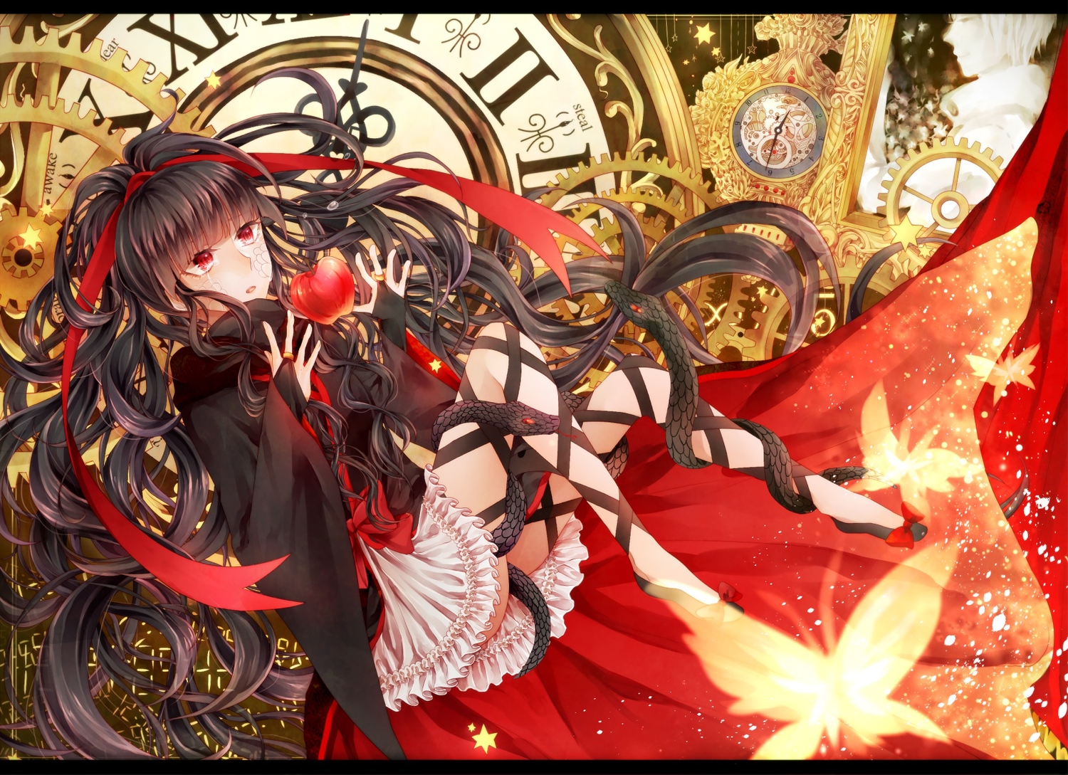 animal, apple, azami_(kagerou_project), black_hair, bow, butterfly, food, fruit