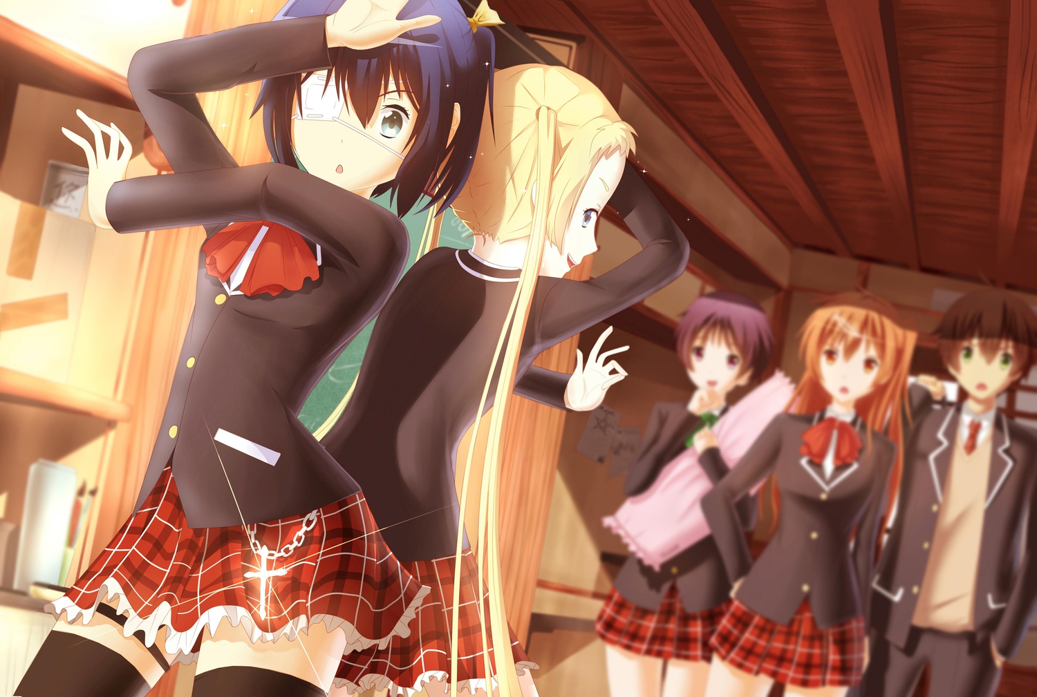 blonde_hair, blue_eyes, chuunibyou_demo_koi_ga_shitai!, cross, dekomori_sanae, eyepatch, green_eyes, group