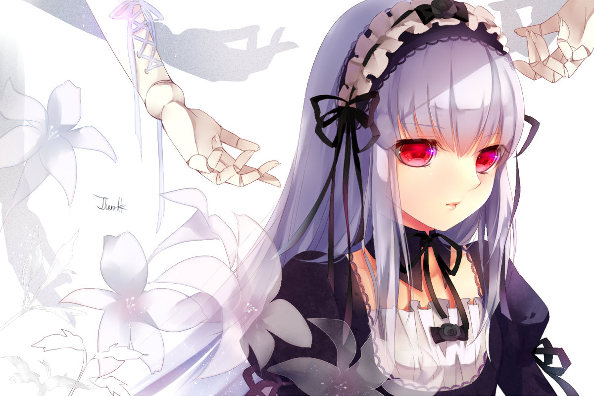 choker, flowers, gothic, gray_hair, headdress, long_hair, red_eyes, ribbons
