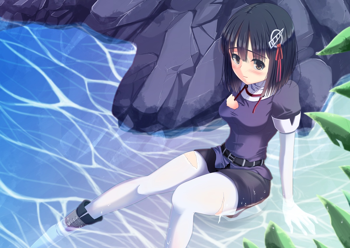anthropomorphism, black_hair, blush, brown_eyes, haguro_(kancolle), jpeg_artifacts, kantai_collection, pantyhose