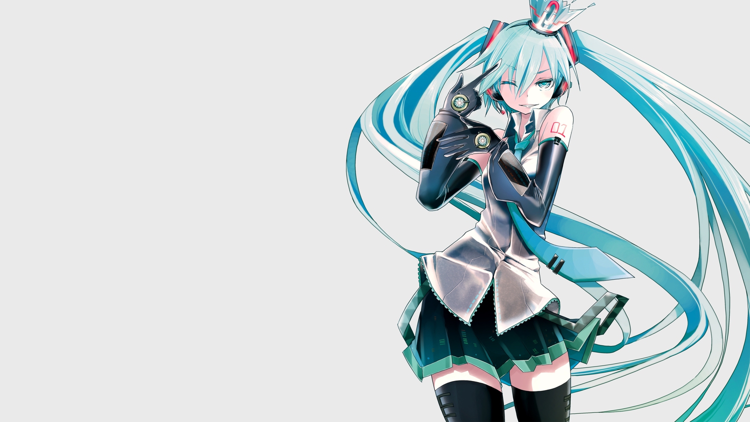 aqua_eyes, aqua_hair, crown, gloves, hatsune_miku, long_hair, skirt, tansuke