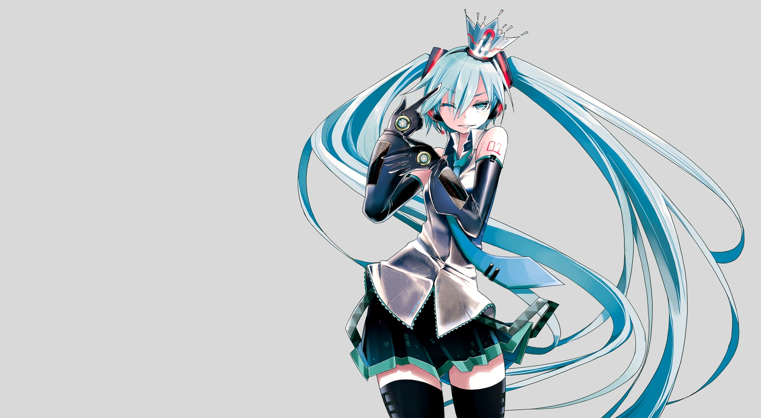 aqua_eyes, aqua_hair, crown, gloves, hatsune_miku, headphones, long_hair, skirt