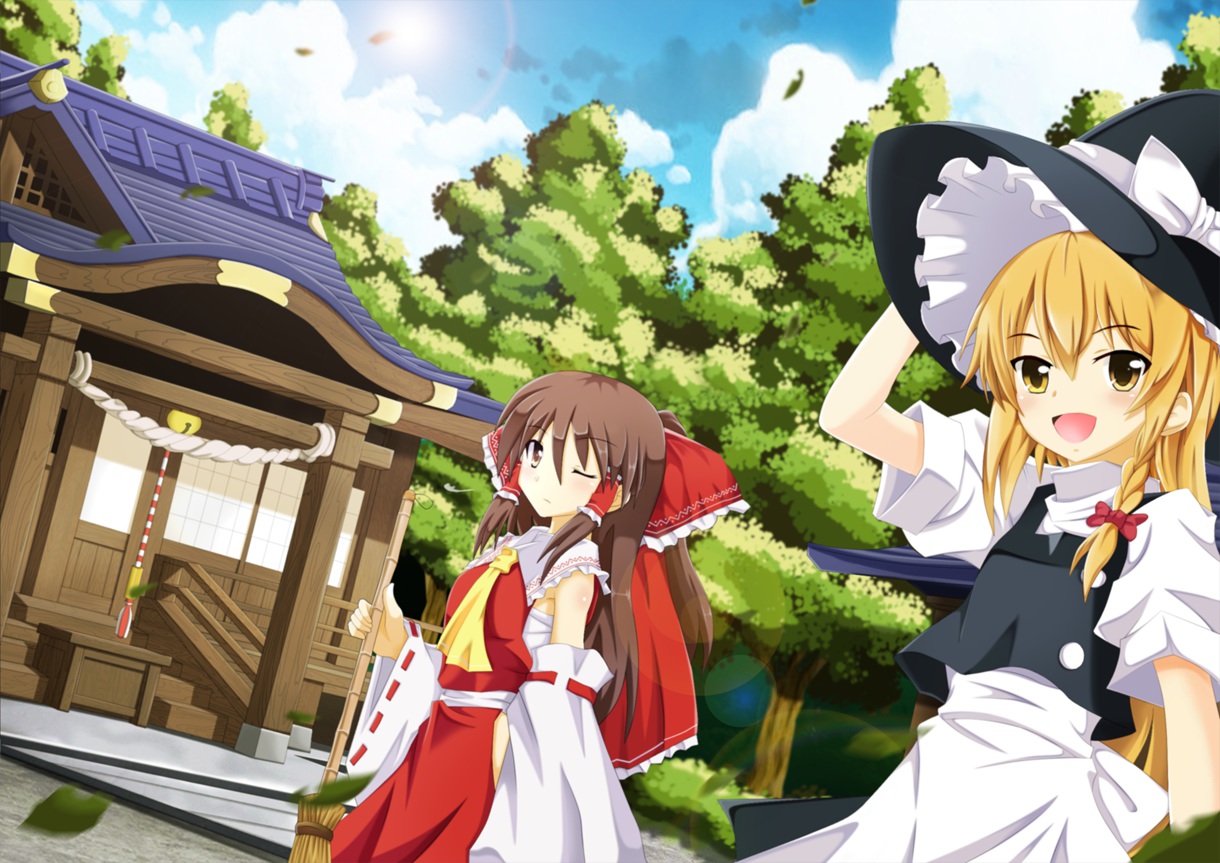 2girls, blonde_hair, bow, brown_eyes, brown_hair, hakurei_reimu, hat, japanese_clothes