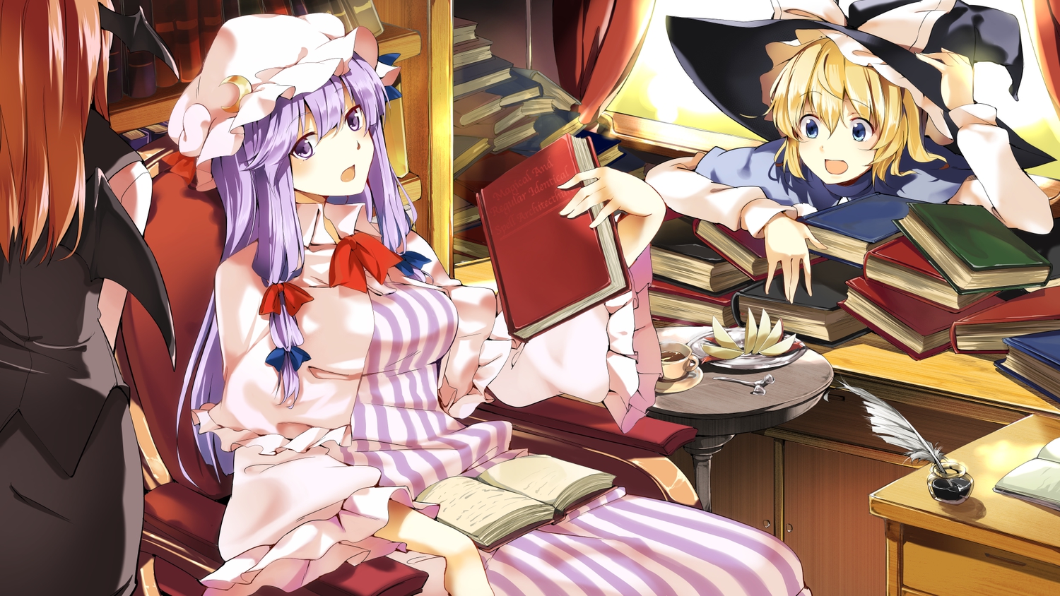 apple, blonde_hair, blue_eyes, book, bow, brown_hair, demon, drink, food, fruit, hasebe_yuusaku, hat, kirisame_marisa, koakuma, long_hair, patchouli_knowledge, pink_hair, purple_eyes, short_hair, touhou, wings, witch