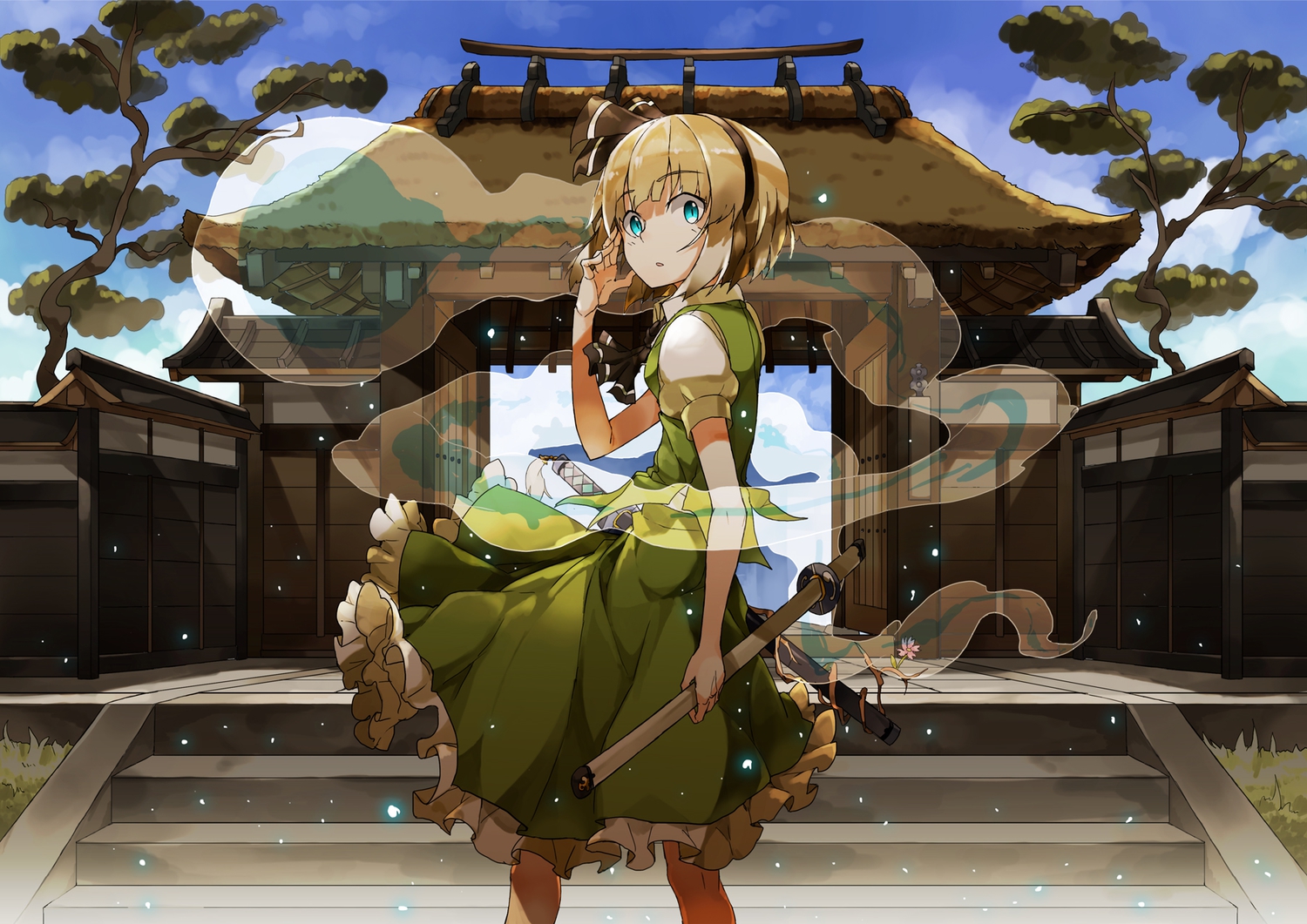 blonde_hair, blue_eyes, bow, dress, headband, hide448, katana, konpaku_youmu, myon, short_hair, stairs, sword, touhou, tree, weapon