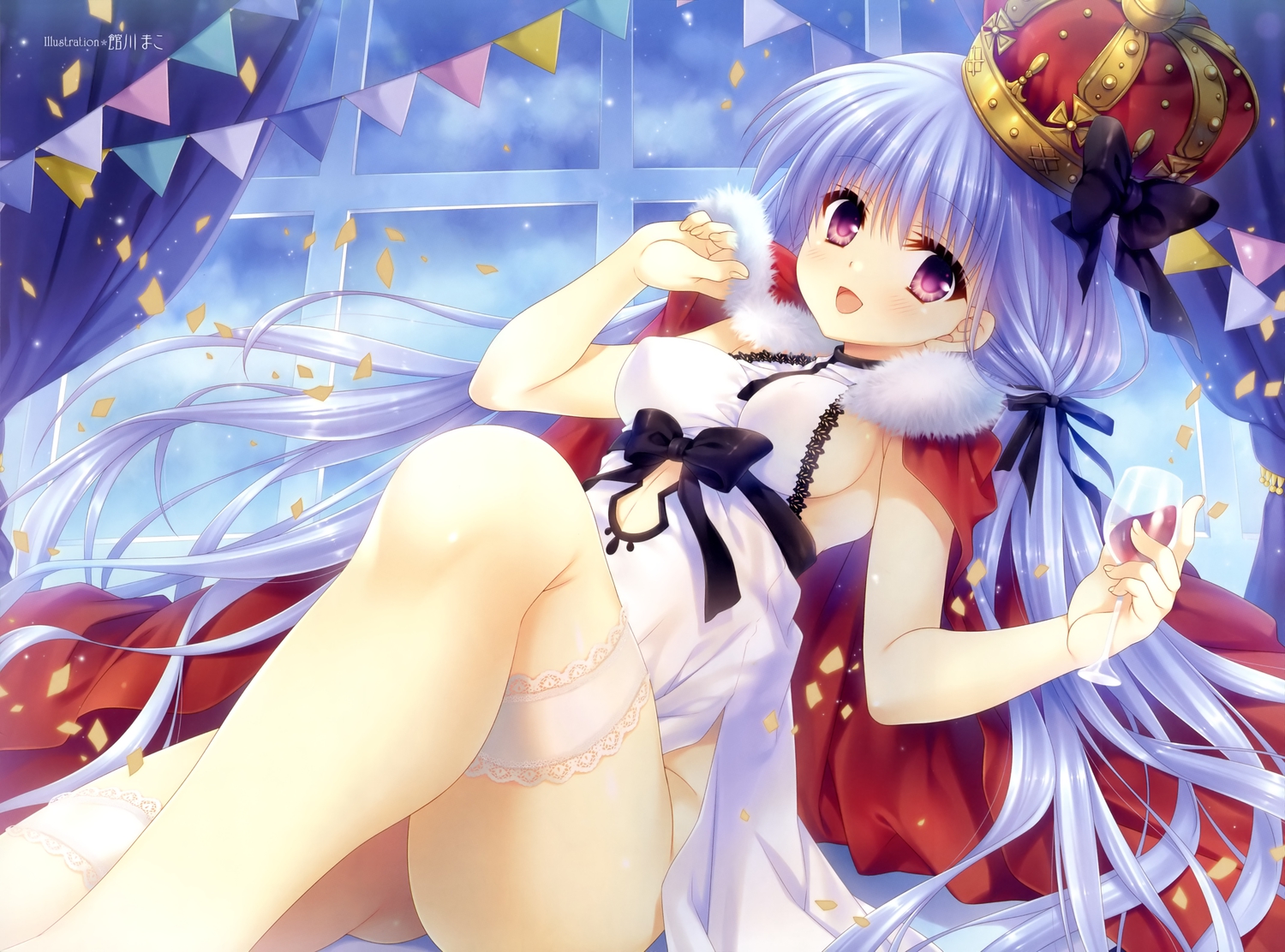 blue_hair, blush, bow, breasts, cape, crown, drink, jpeg_artifacts
