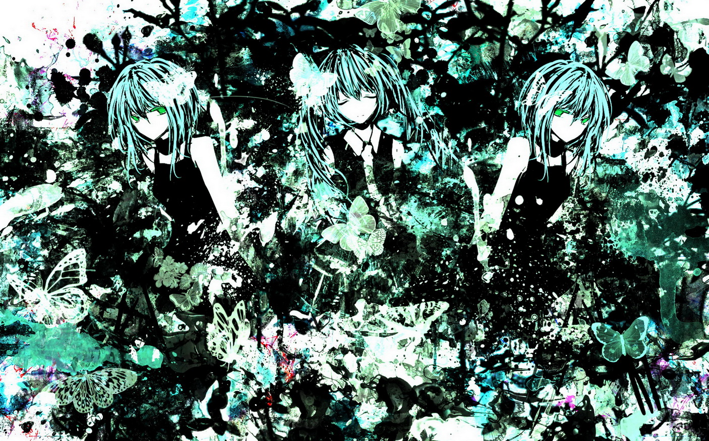 aqua_hair, butterfly, green_eyes, gumi, hatsune_miku, long_hair, ruuya_higashino, tie