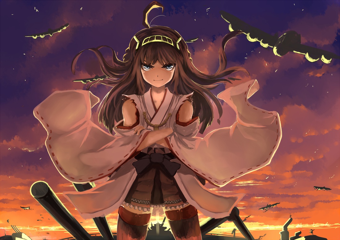 aircraft, anthropomorphism, blue_eyes, bow, brown_hair, clouds, headband, japanese_clothes