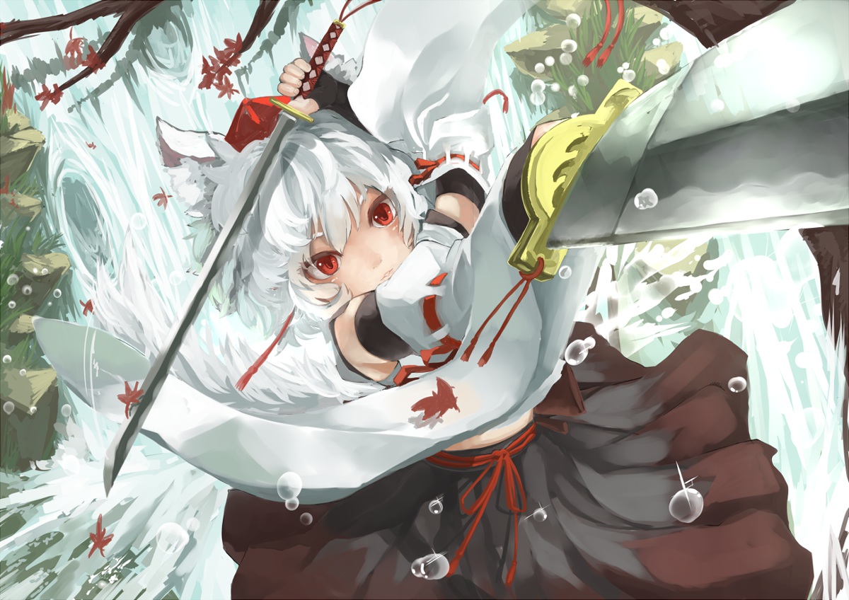 animal_ears, hat, inubashiri_momiji, katana, leaves, red_eyes, ribbons, rikkido