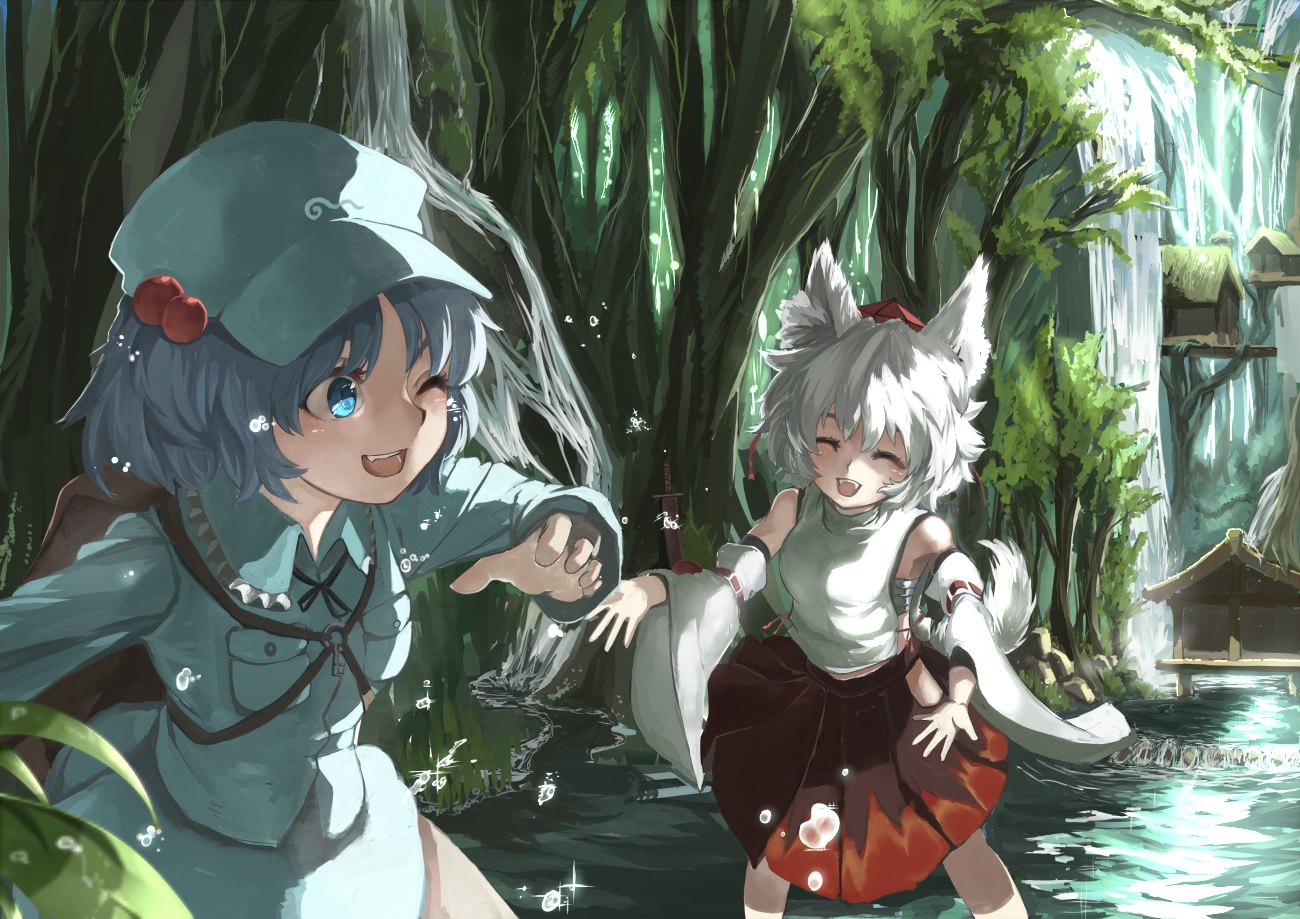 2girls, animal_ears, blue_eyes, blue_hair, forest, hat, inubashiri_momiji, kawashiro_nitori