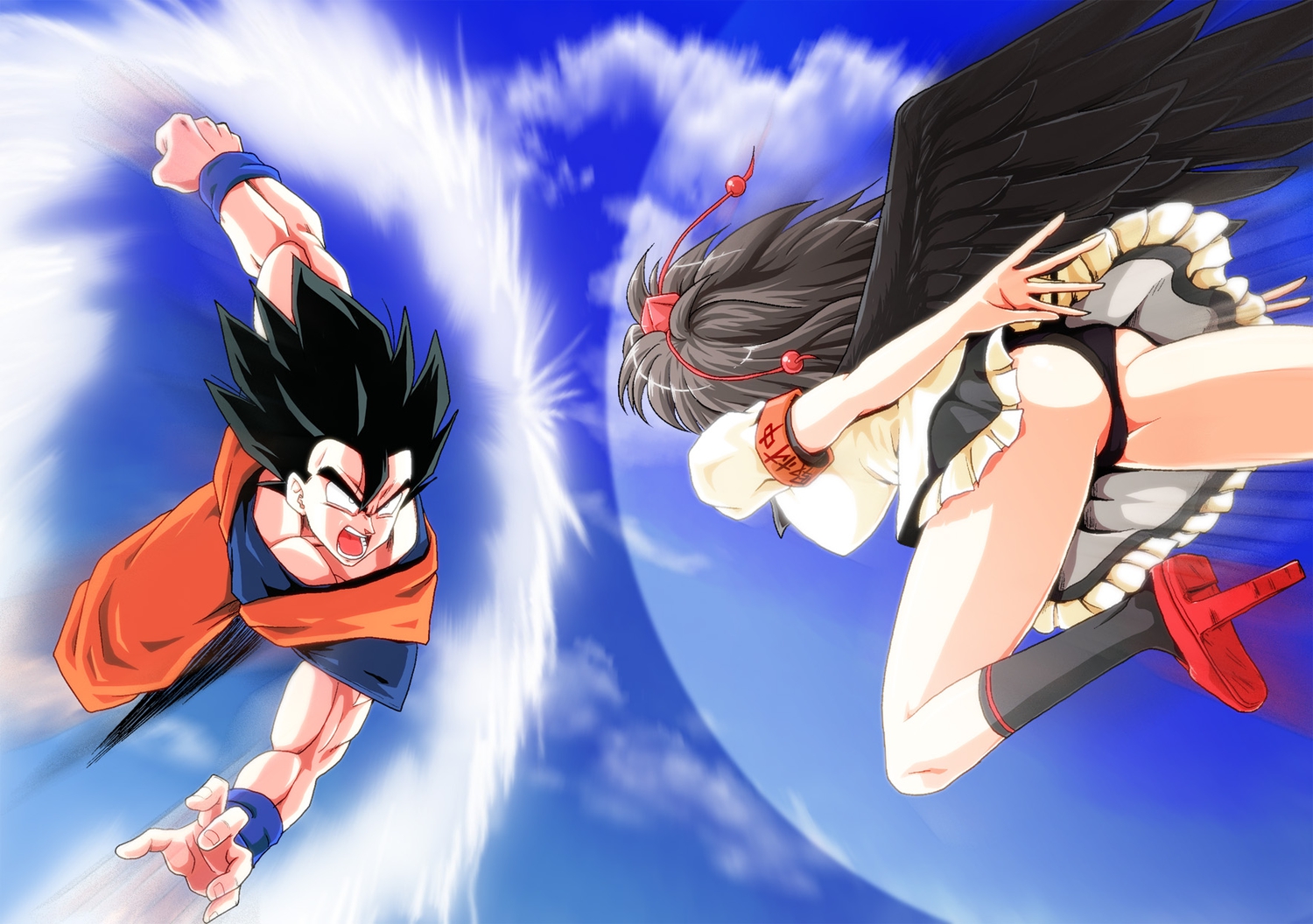 black_hair, clouds, crossover, dragonball, hat, kamishima_kanon, kneehighs, panties, shameimaru_aya, short_hair, skirt, sky, son_goku, touhou, underwear, upskirt, wings
