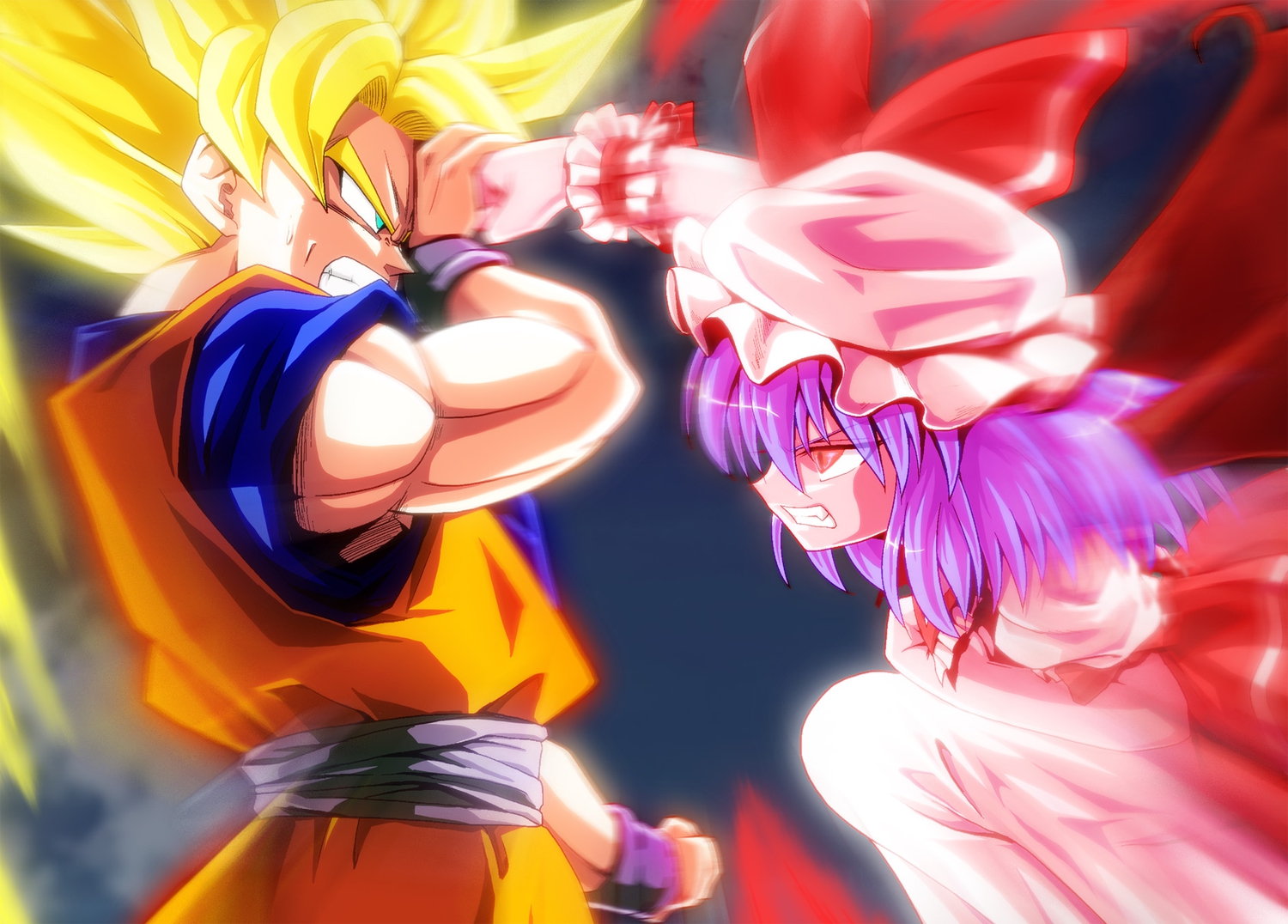 bow, crossover, dragonball, hat, kamishima_kanon, male, purple_hair, red_eyes, remilia_scarlet, short_hair, son_goku, touhou, vampire, wings