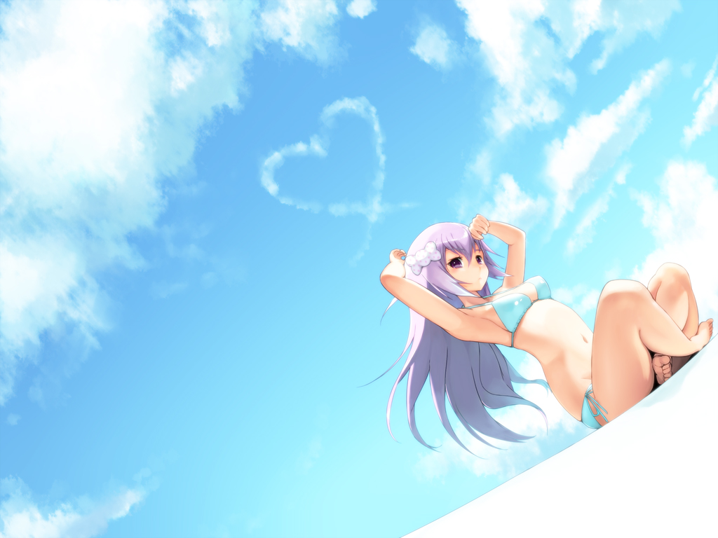 aoten, barefoot, bow, clouds, long_hair, navel, original, purple_eyes, purple_hair, sky, swimsuit
