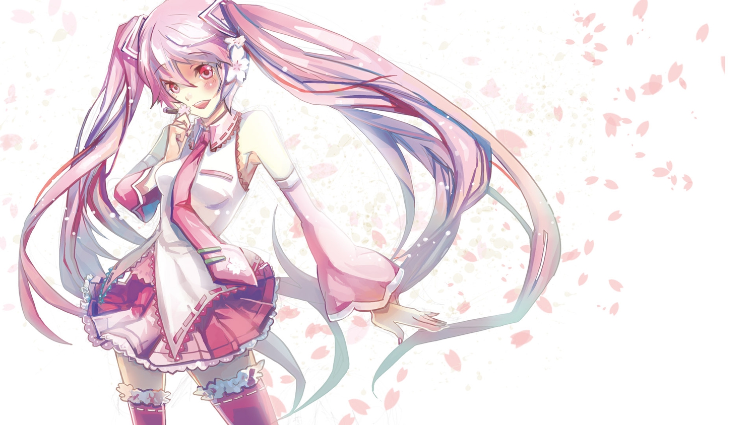 hatsune_miku, long_hair, mao_xiaozha_(rumiechen), petals, pink_eyes, pink_hair, sakura_miku, school_uniform