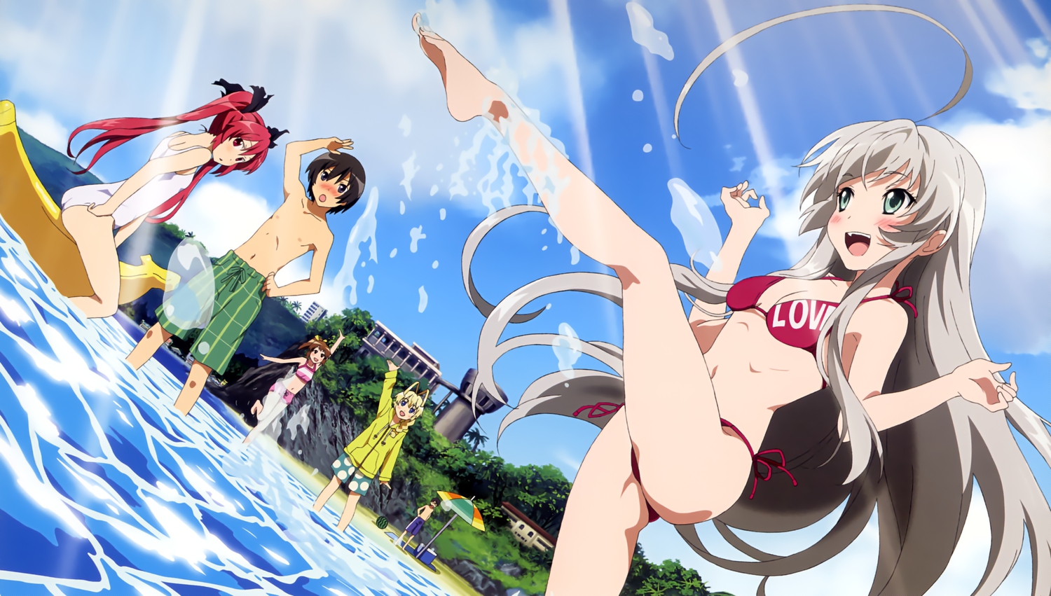 beach, black_eyes, blonde_hair, blue_eyes, blush, braids, brown_hair, clouds