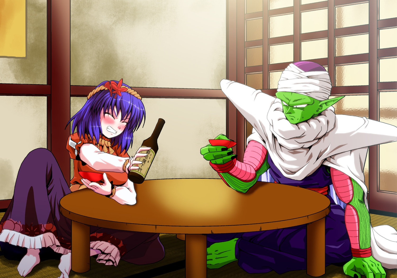 barefoot, blush, crossover, dragonball, dress, drink, hat, headband