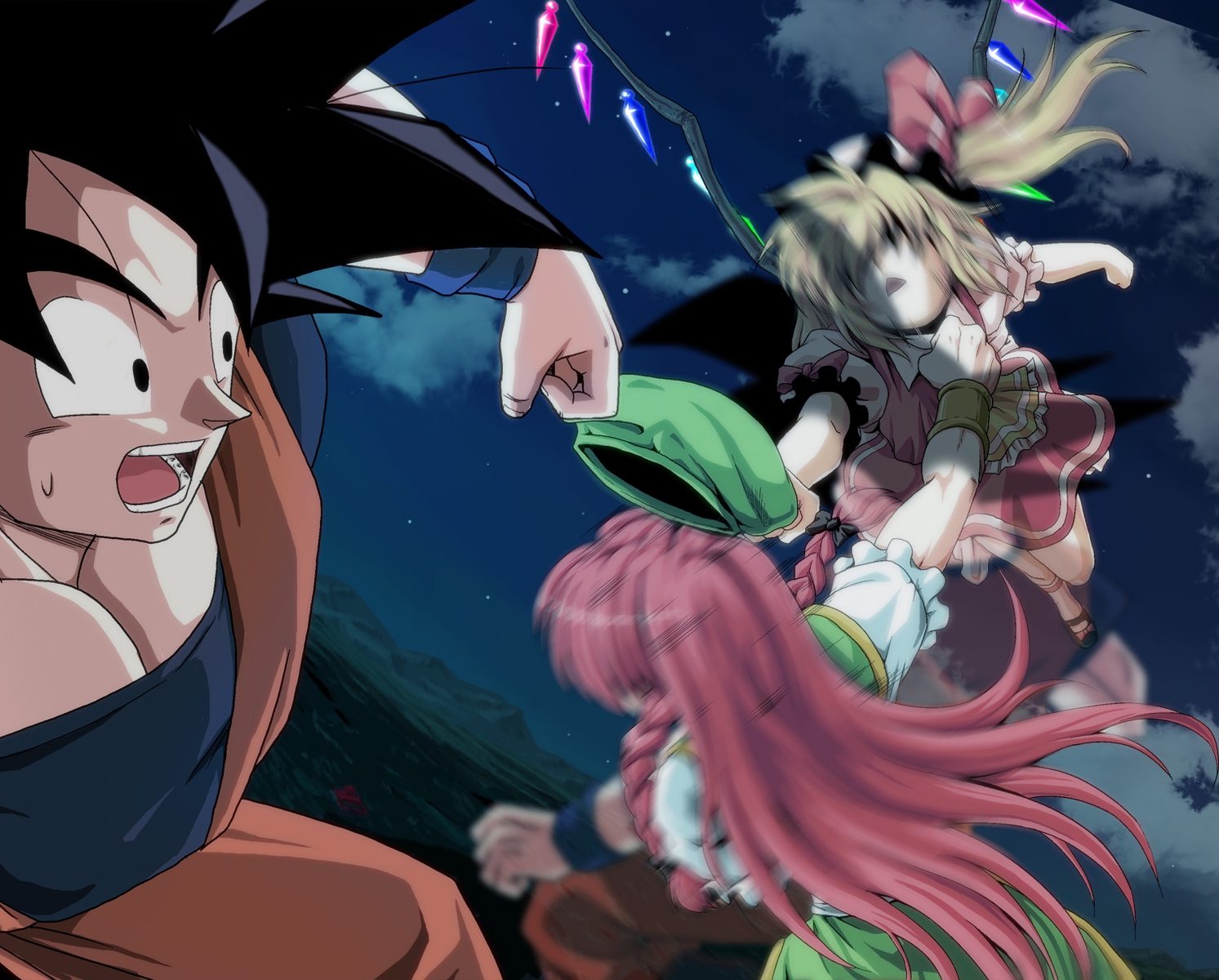 black_hair, blonde_hair, braids, clouds, crossover, dragonball, flandre_scarlet, hat