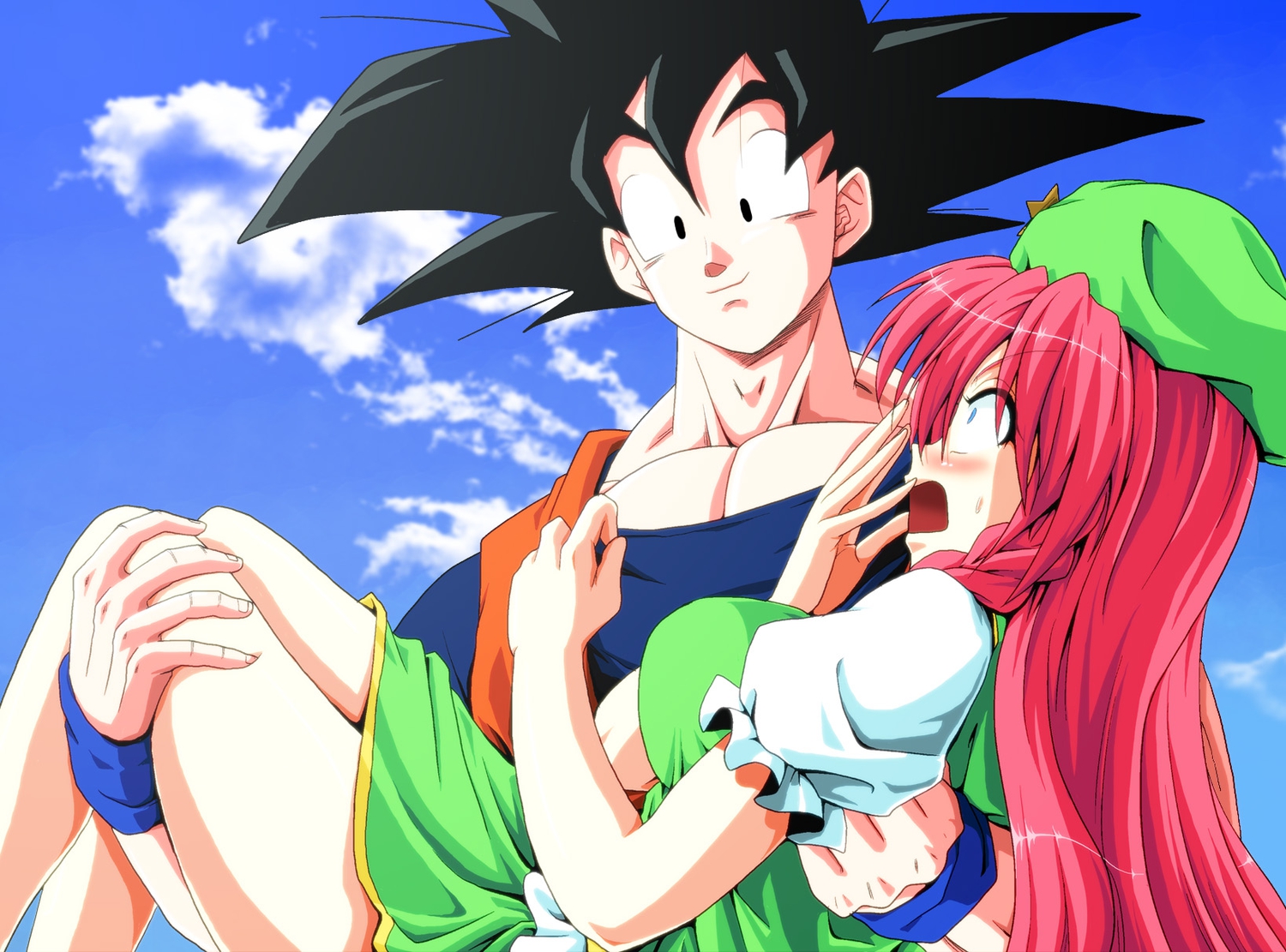 black_hair, blue_eyes, blush, braids, clouds, crossover, dragonball, hat