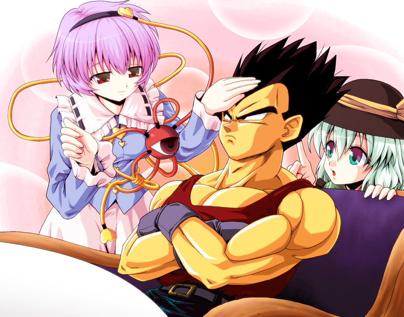 brown_hair, crossover, dragonball, gloves, green_eyes, green_hair, hat, kamishima_kanon