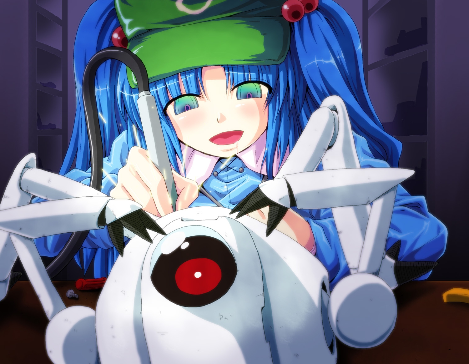 blue_hair, close, crossover, dragonball, green_eyes, hat, kamishima_kanon, kawashiro_nitori