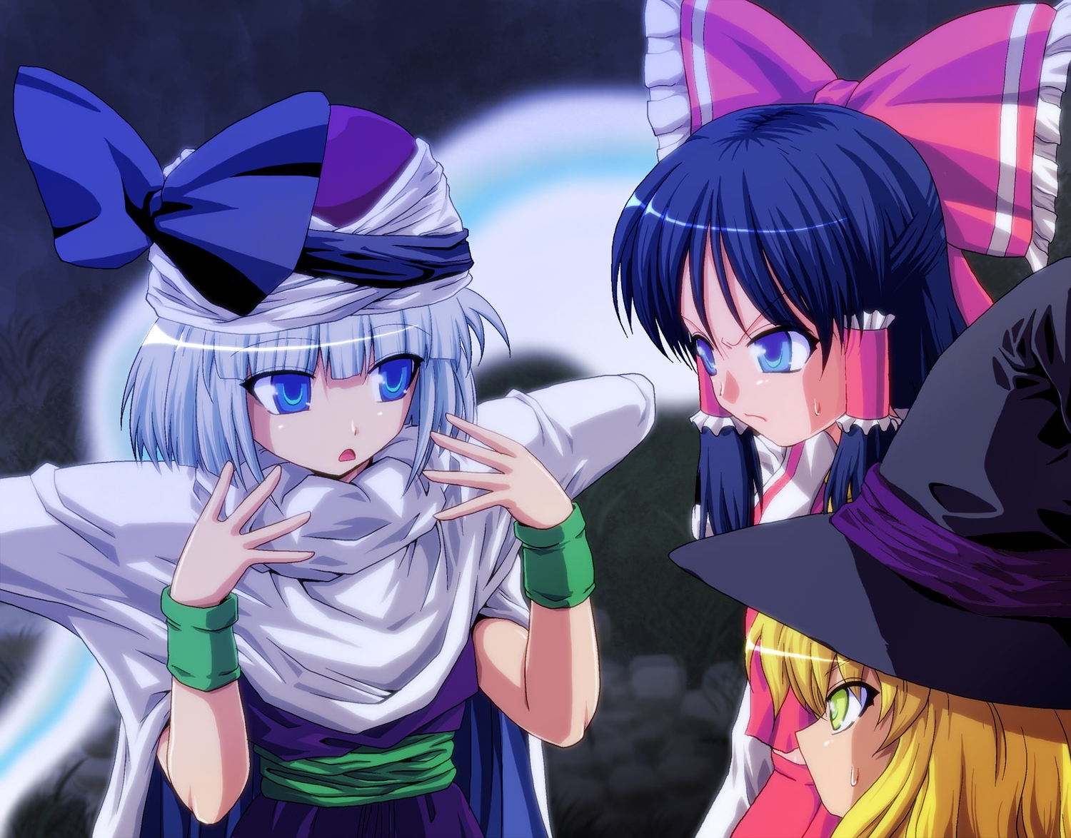 blonde_hair, blue_eyes, blue_hair, bow, cosplay, dragonball, gray_hair, green_eyes