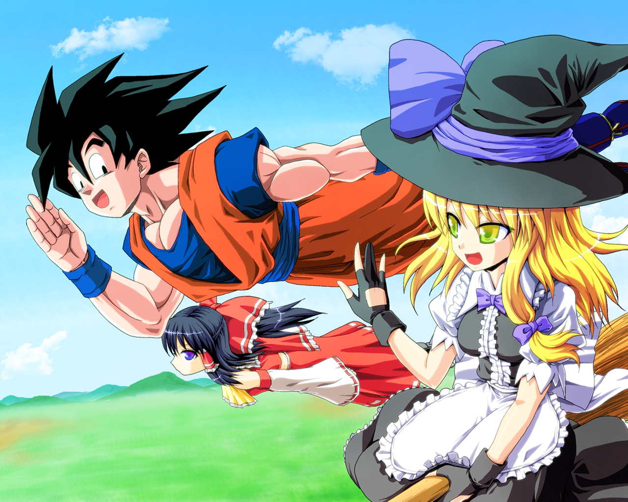 black_hair, blonde_hair, bow, crossover, dragonball, dress, gloves, green_eyes
